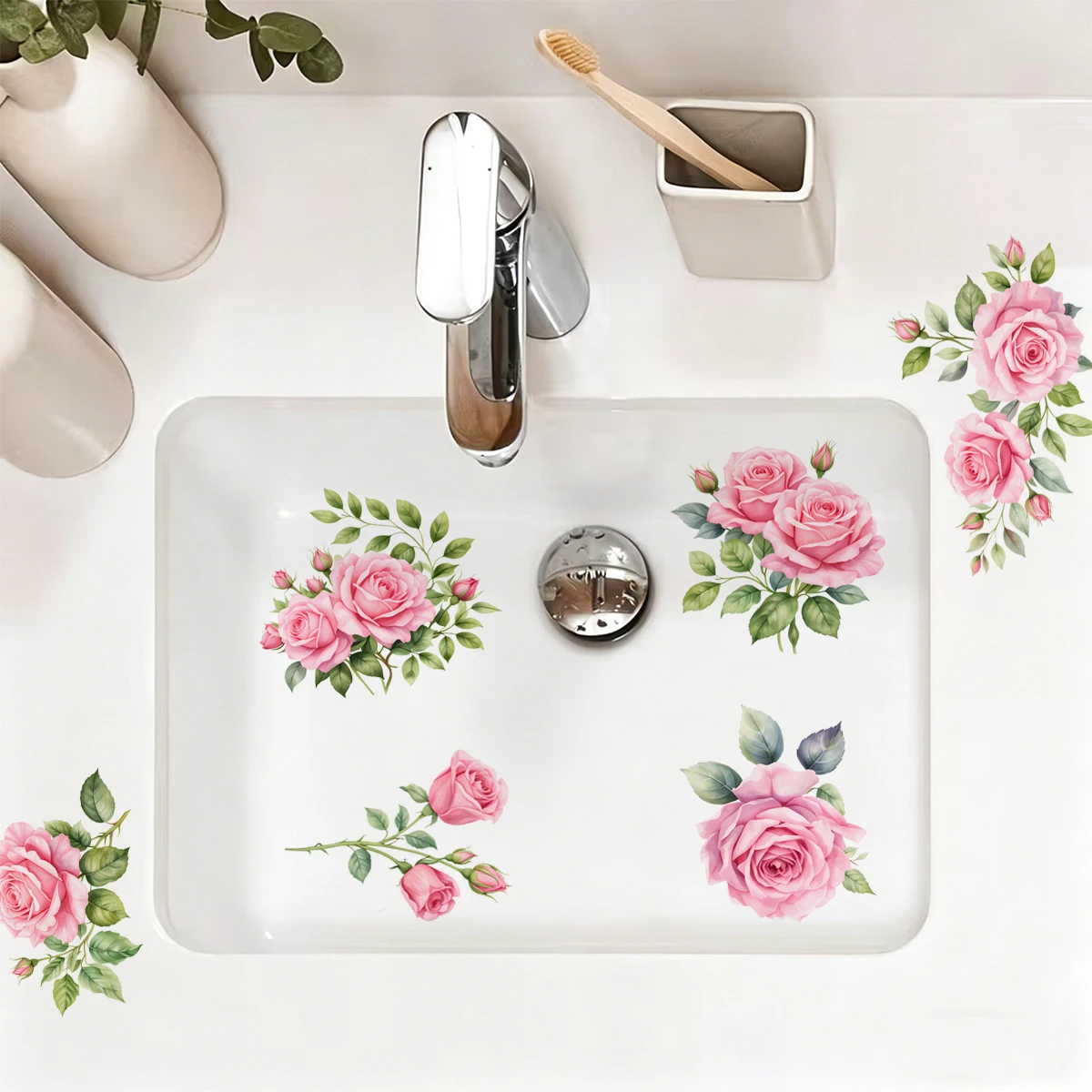 Pegatinas para lavabo de baño con rosas en acuarela impermeables - imagen 5