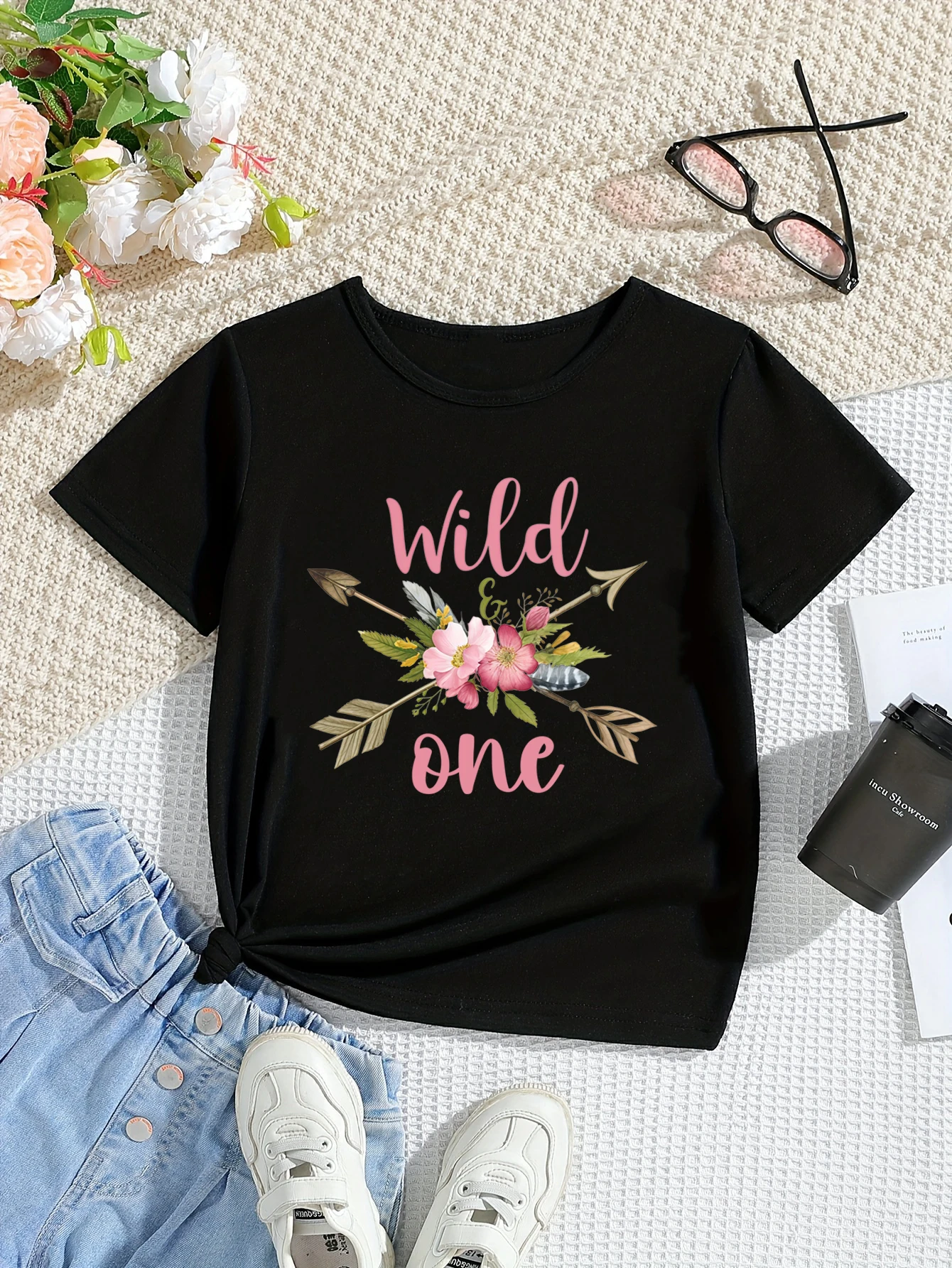 Camiseta Wild One de flores para niñas, manga corta veraniega - imagen 3