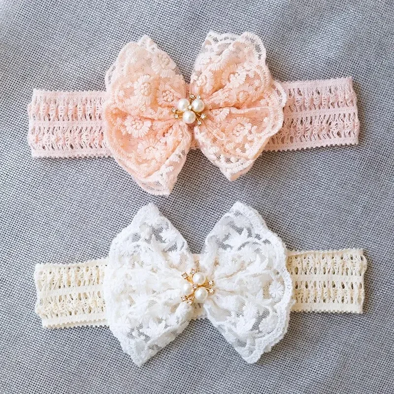 Diadema de encaje para bebé niña con lazo elástico blanco - imagen 5