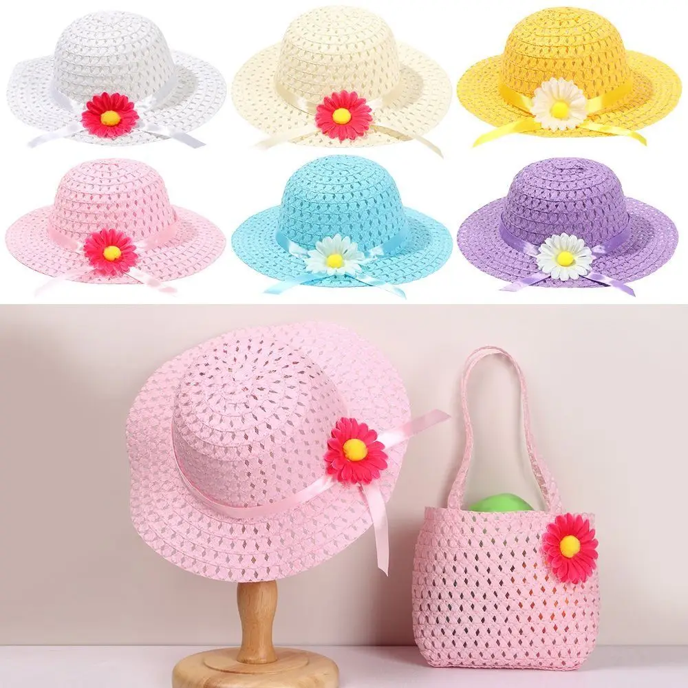 Sombrero de ala ancha infantil de paja con bolso de playa floral - imagen 4