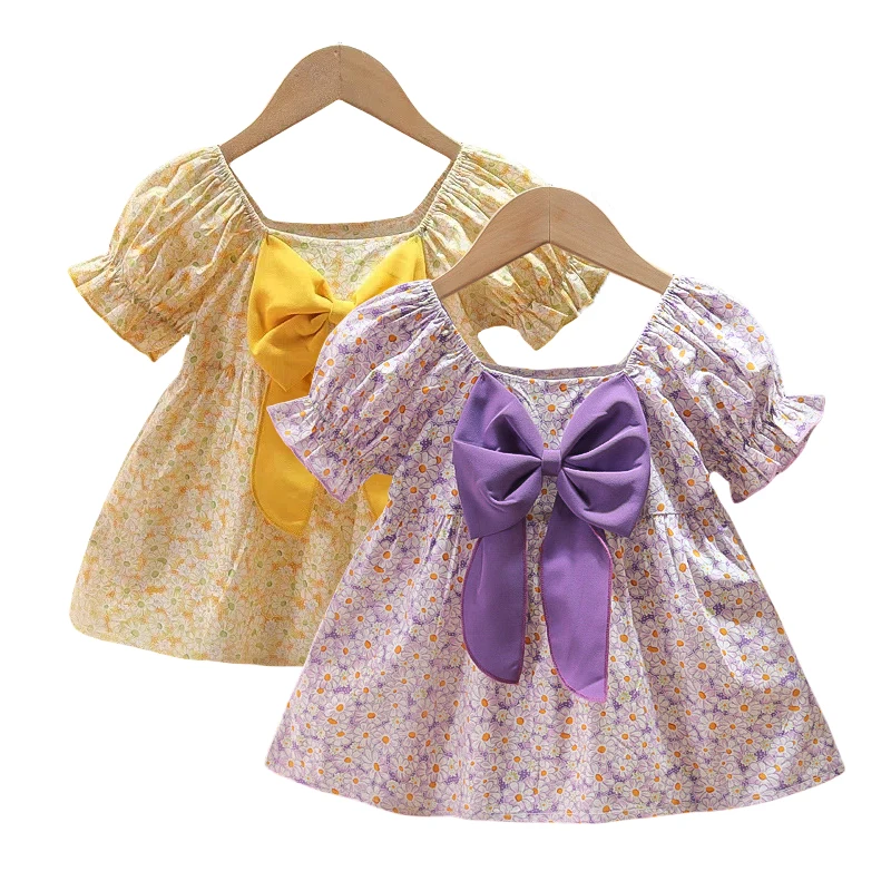Vestido de princesa con mangas abullonadas floral y lazo para niña - imagen 3