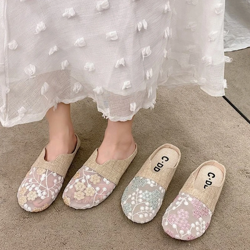Zapatillas de lino transpirables antideslizantes planas para mujer