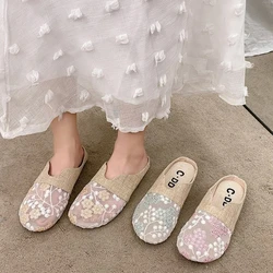 Zapatillas de lino transpirables antideslizantes planas para mujer