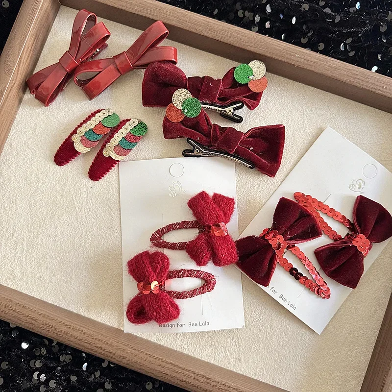 Pinzas para el pelo de bebé rojas - navideñas con lazo elegante - imagen 2