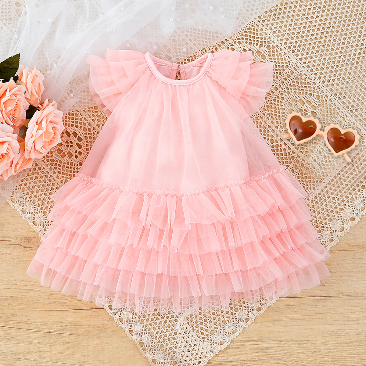 Vestido de princesa de malla en color sólido para bebé
