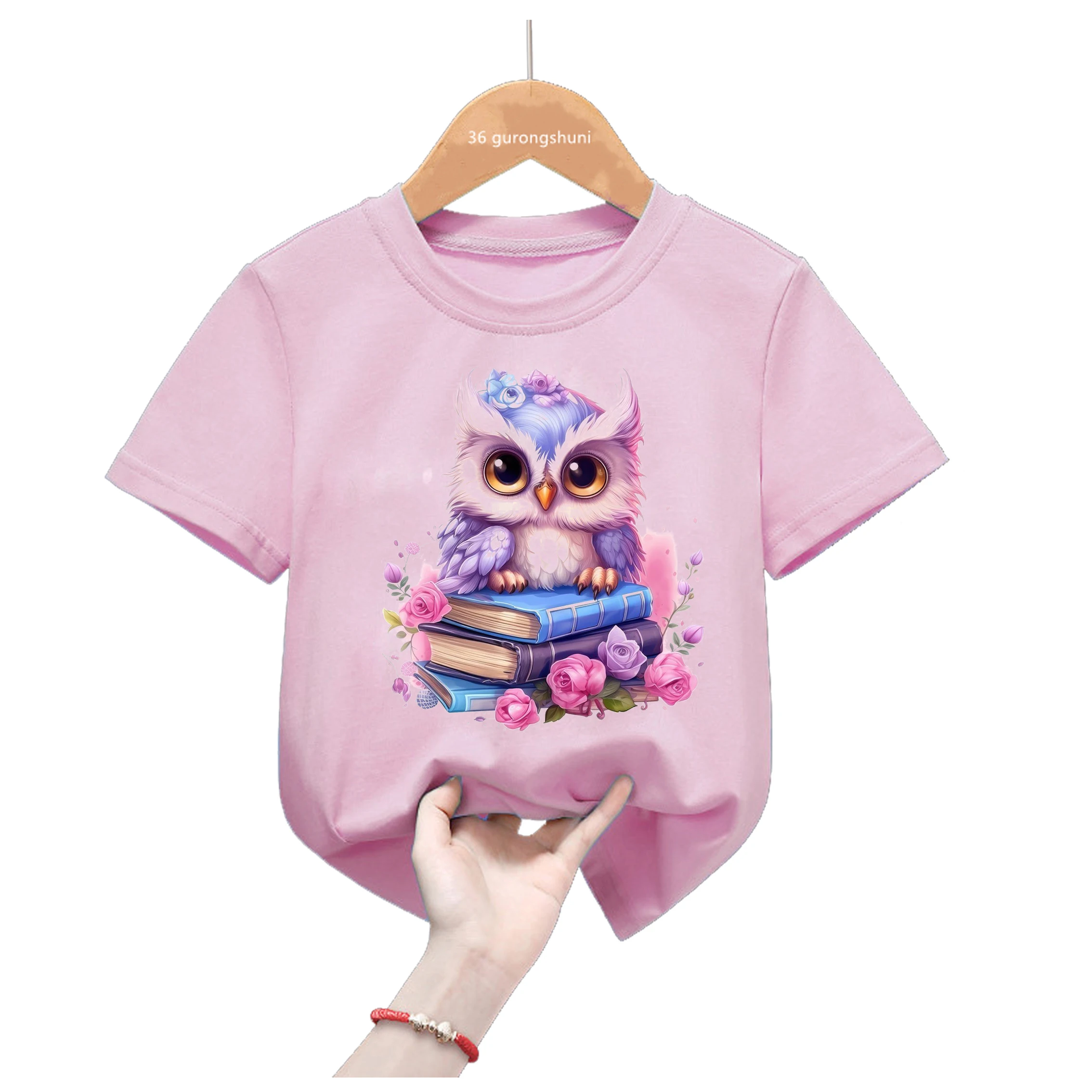 Camiseta Kawaii niña verano manga corta estampado búho rosa