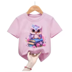 Camiseta Kawaii niña verano manga corta estampado búho rosa