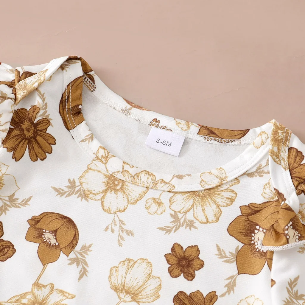 Conjunto bebé niña top floral manga larga y falda marrón con tirantes - imagen 2