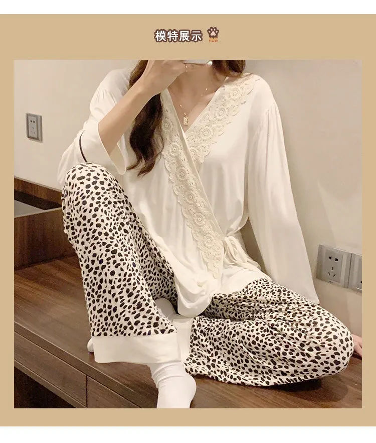 Ropa de dormir de maternidad con estampado de leopardo y manga larga