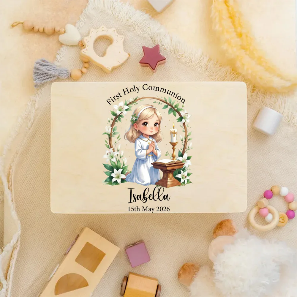Caja de recuerdos personalizada para Primera Comunión: niño o niña