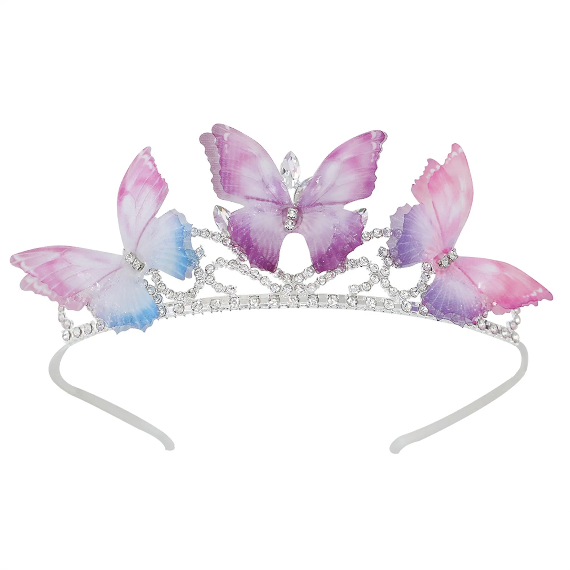 Diadema de corona con aro de mariposa plateado y pedrería