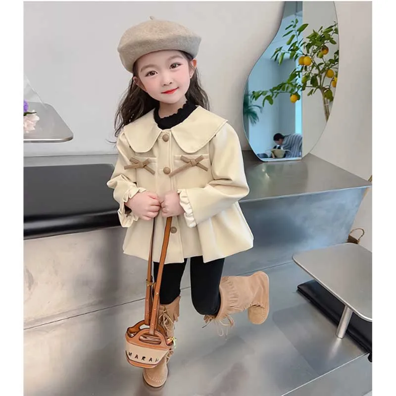 Abrigo de cuero para niñas con solapa y lazo elegante otoñal cálido - imagen 4