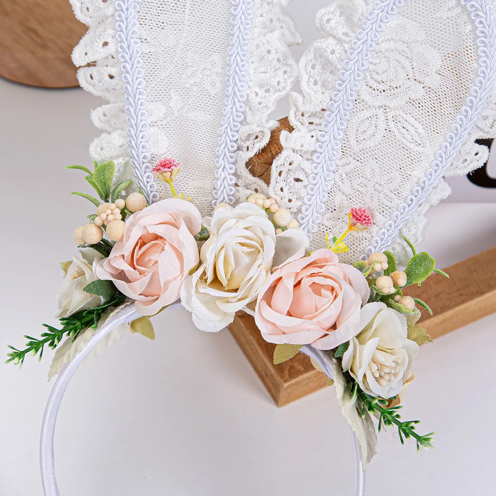 Diadema orejas de conejo con perlas para niña – Encaje floral suave