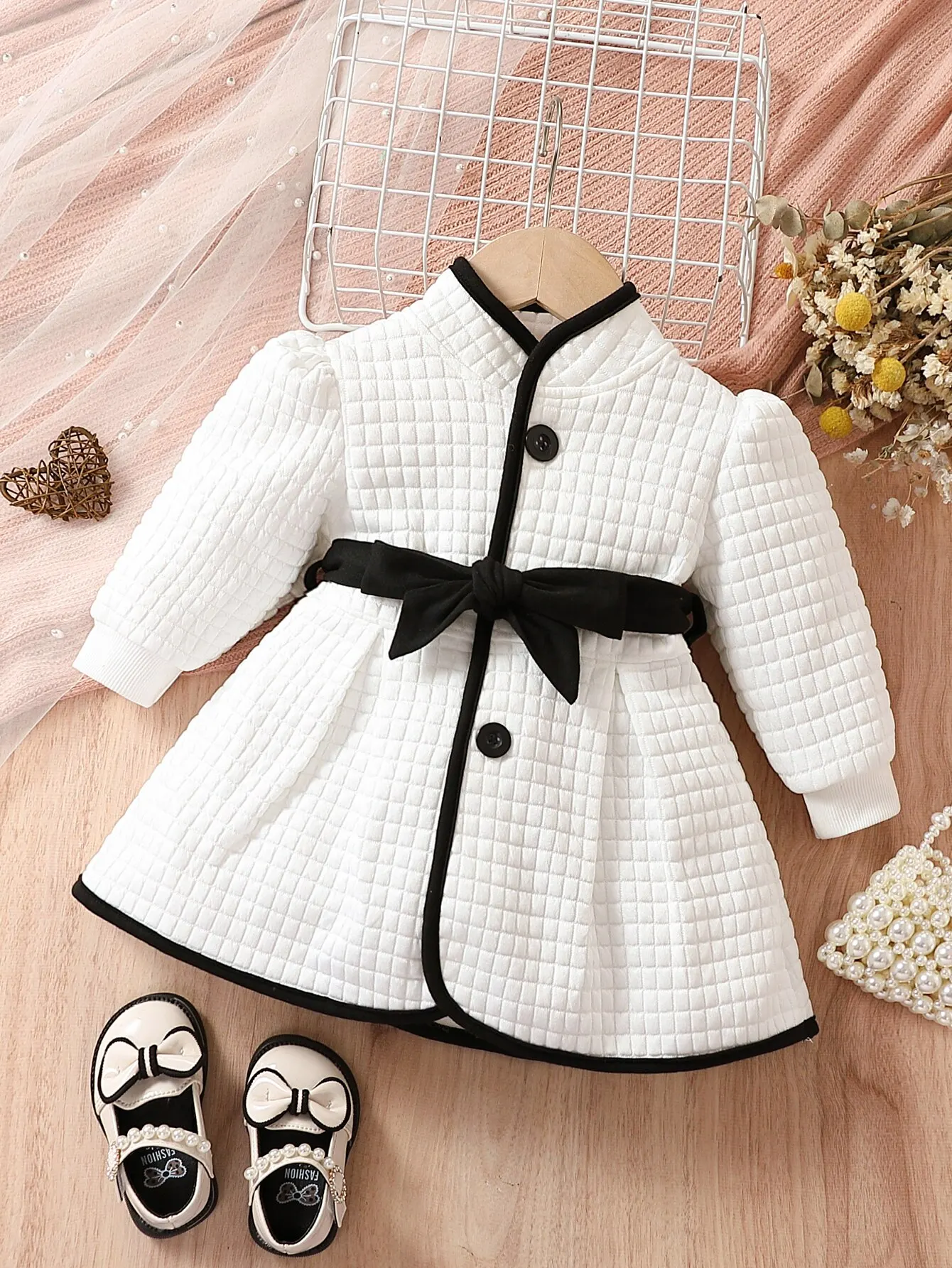 Conjunto de vestido térmico para niñas con cinturón y cárdigan