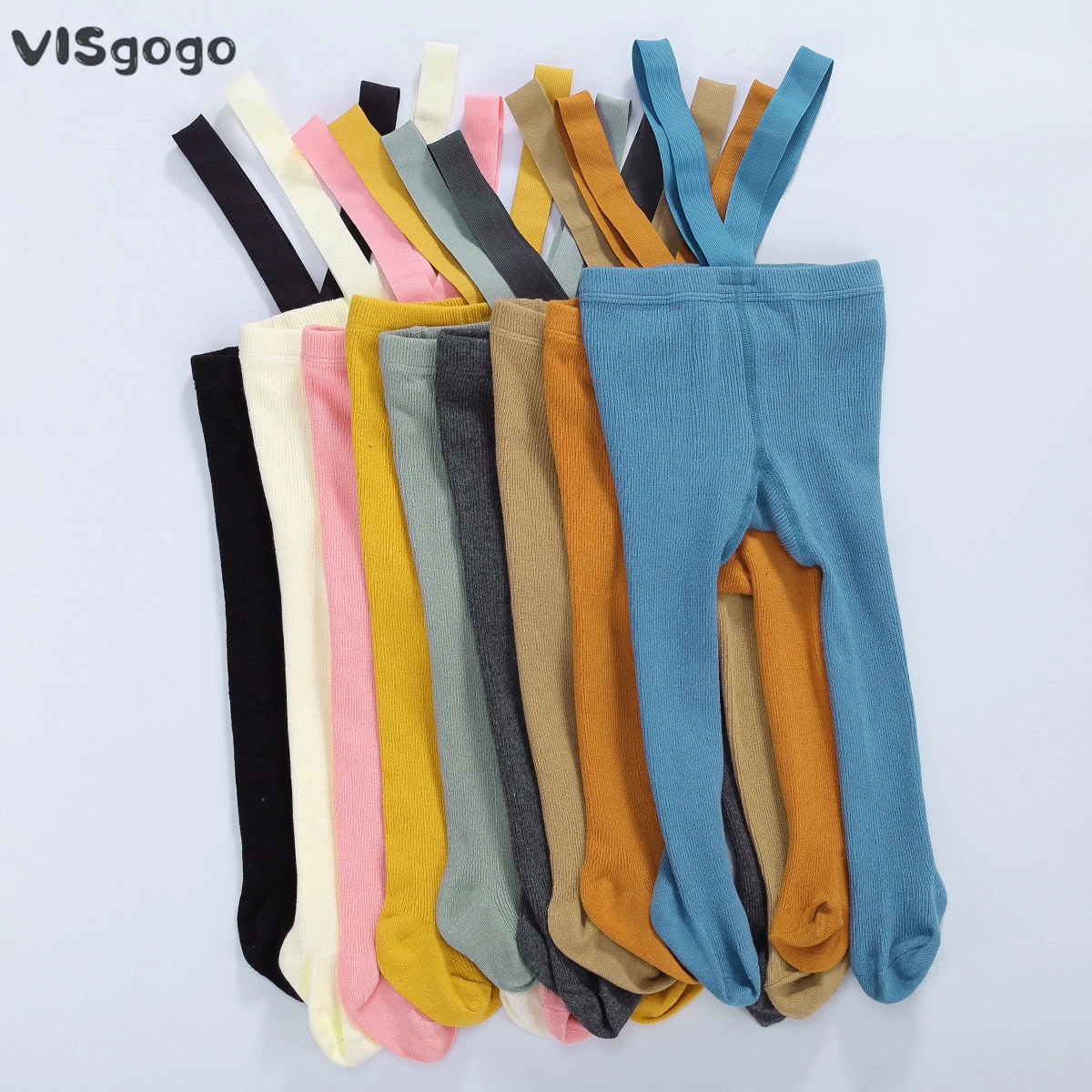 VISgogo leggings de punto acanalado para bebé con tirantes