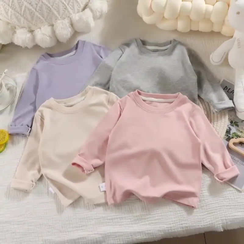 Camiseta manga larga algodón para niños y niñas básica cuello redondo