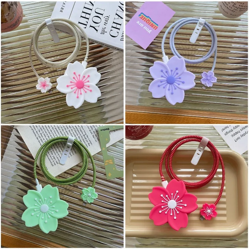 Funda móvil 3D suave con flores de cerezo y organizador de cables