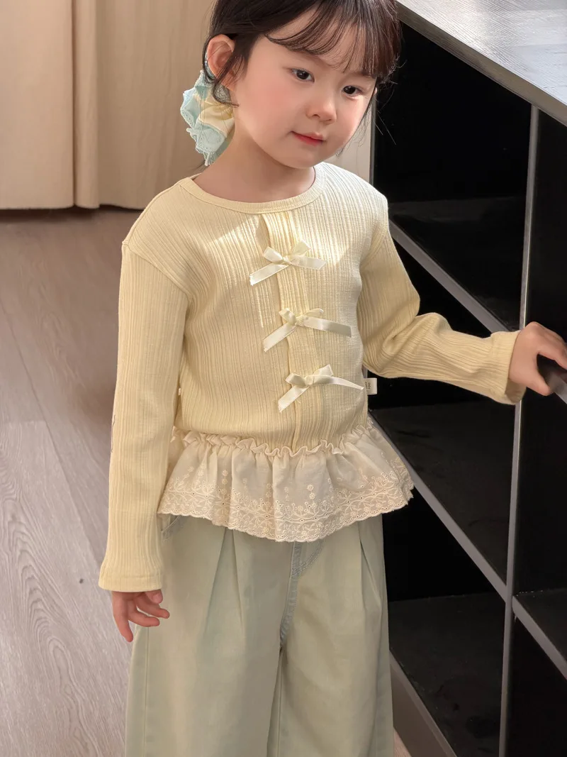 Camiseta interior primavera para niñas con lazo de encaje - imagen 4