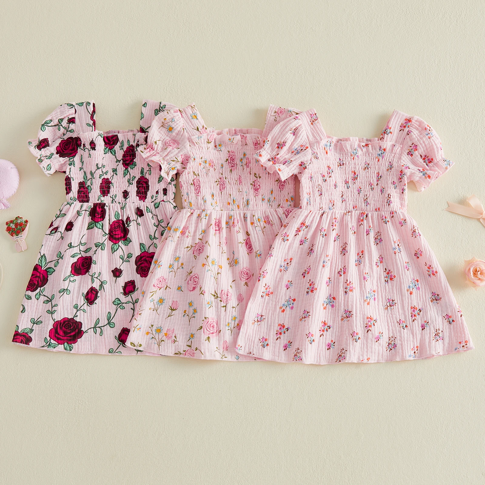 Tregren vestido de niña corte A flores plisado con cuello cuadrado - imagen 2