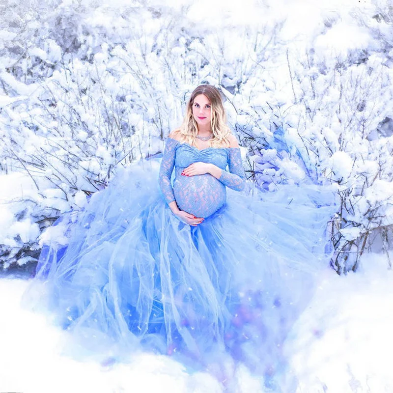 Vestido de maternidad maxi manga larga con encaje para fotos