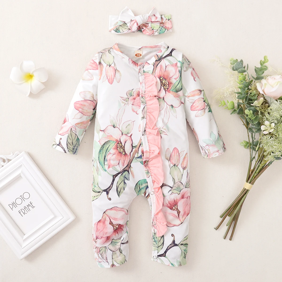Pelele floral para bebé niña 0-18 meses con volantes y diadema - imagen 2