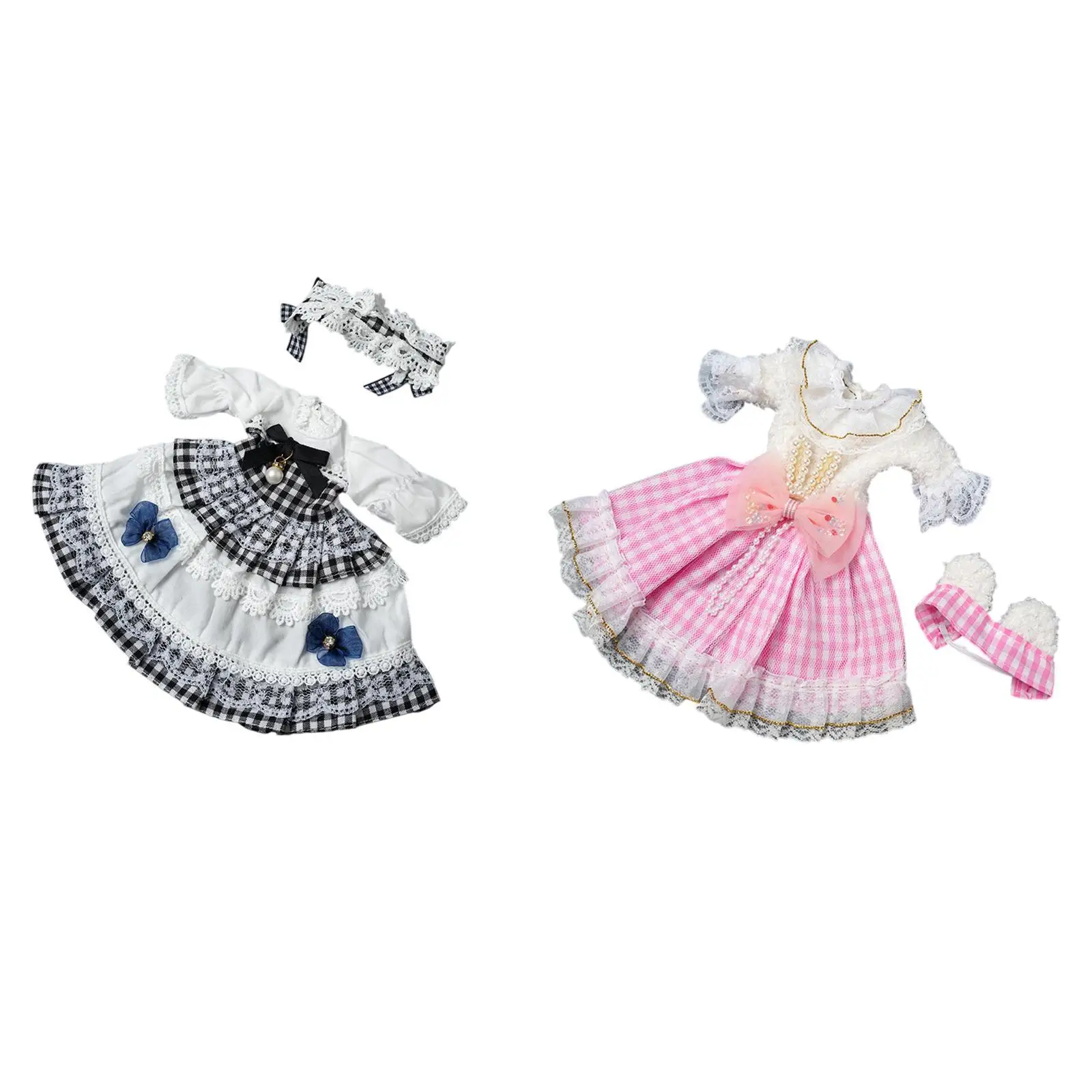 Conjunto de vestido a cuadros para muñeca con diadema - imagen 3