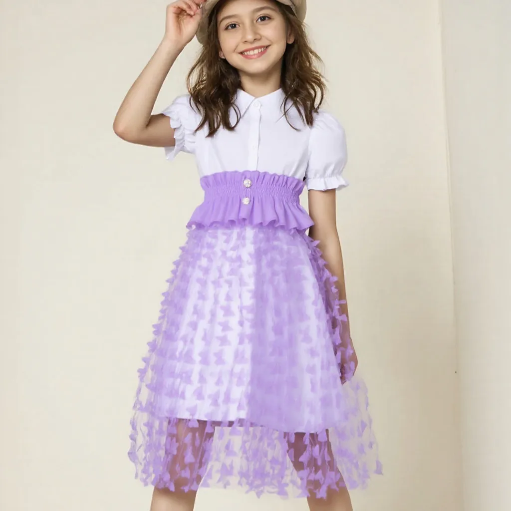 Vestido princesa de malla morada, manga corta para verano niña