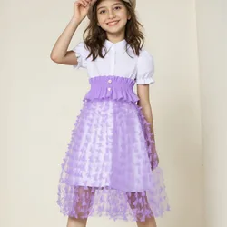 Vestido princesa de malla morada, manga corta para verano niña