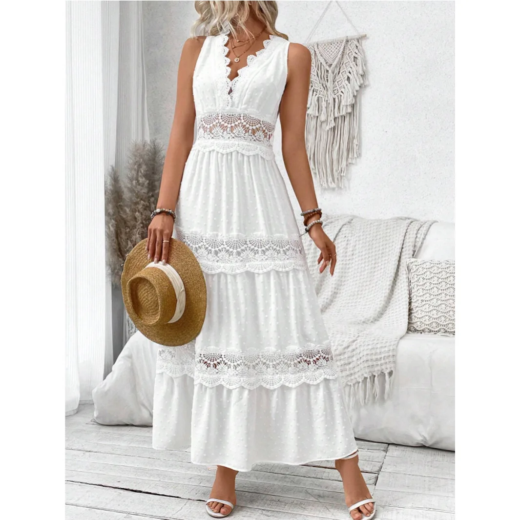 Vestido de verano blanco sin mangas con encaje y escote en V