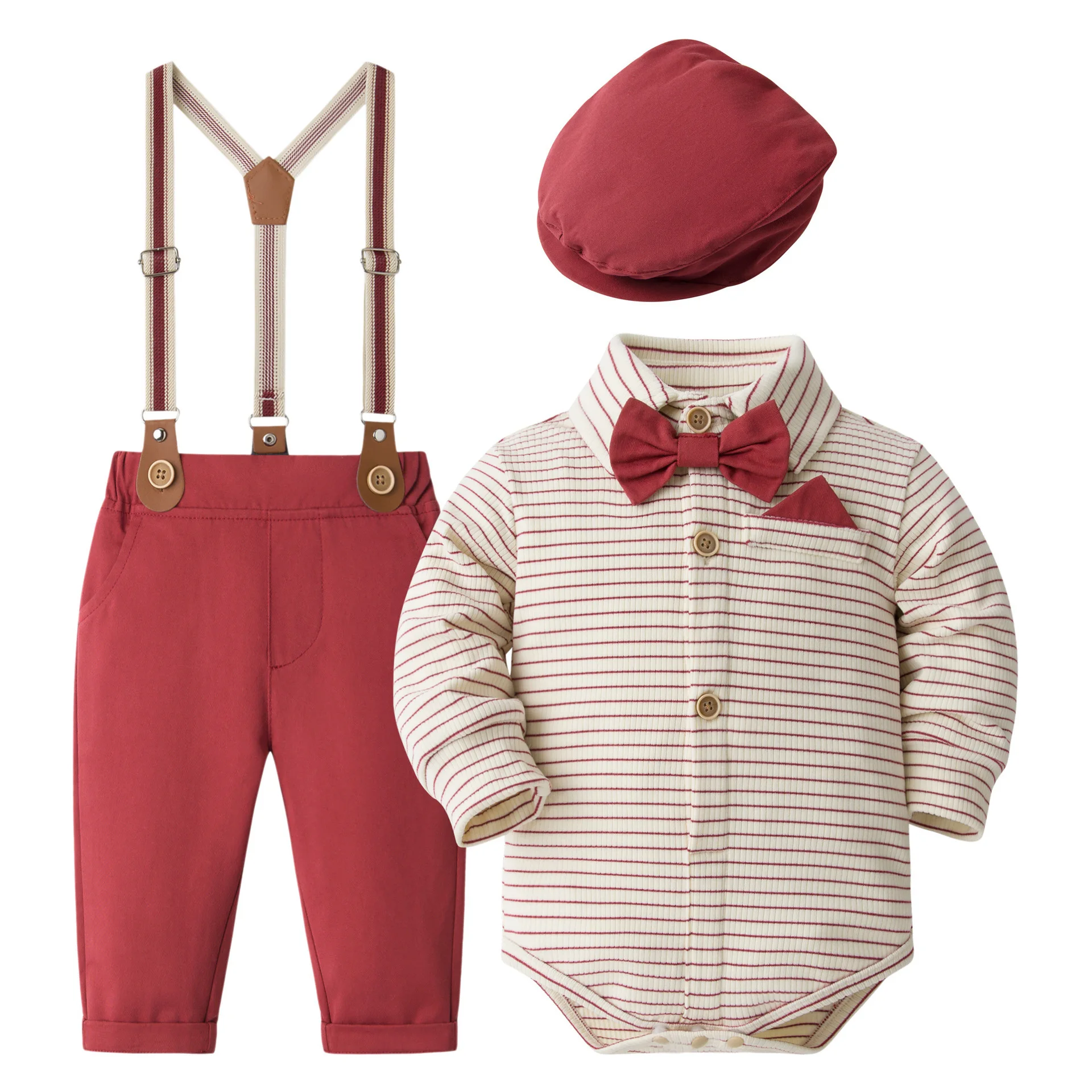 Conjunto bebé de primavera y otoño con camisa a rayas y gorro