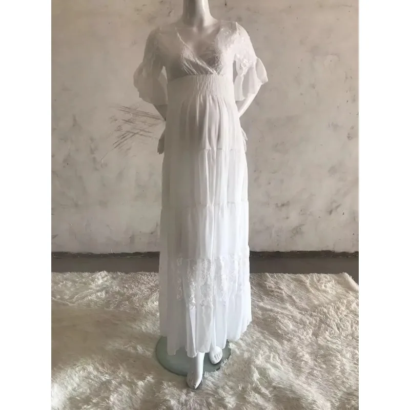 Vestido Maxi Maternidad Encaje Gasa Volantes Manga Corta Embarazo - imagen 5