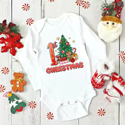 Mameluco Primera Navidad bebé manga larga – Estampado árbol y Santa