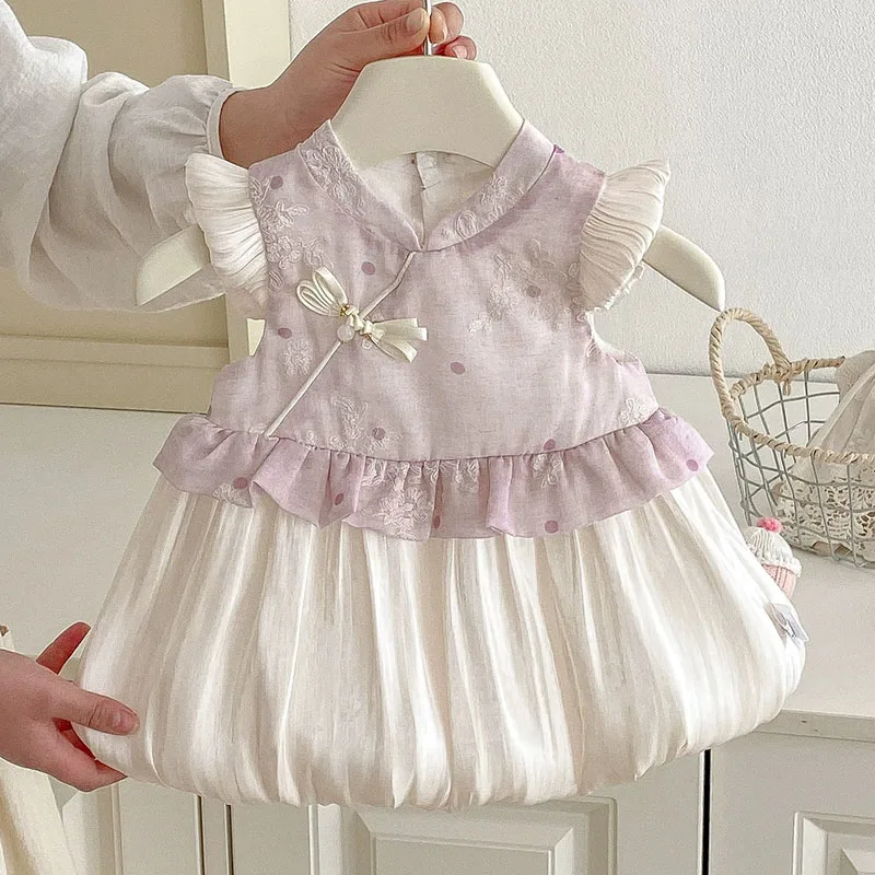 Vestido de bebé niña sin mangas con bordado floral para verano