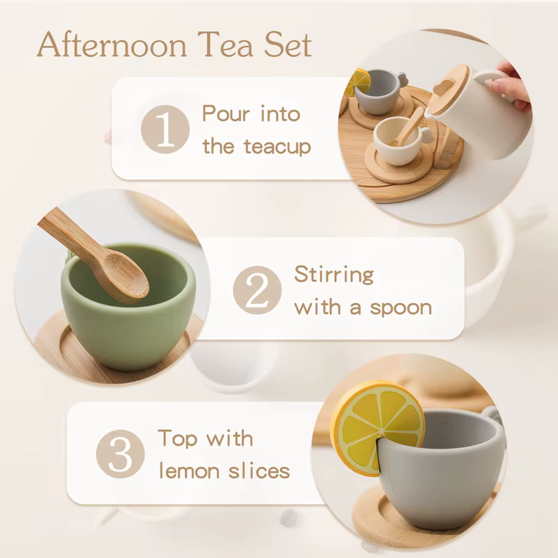 Detalle de tetera y taza de té infantiles