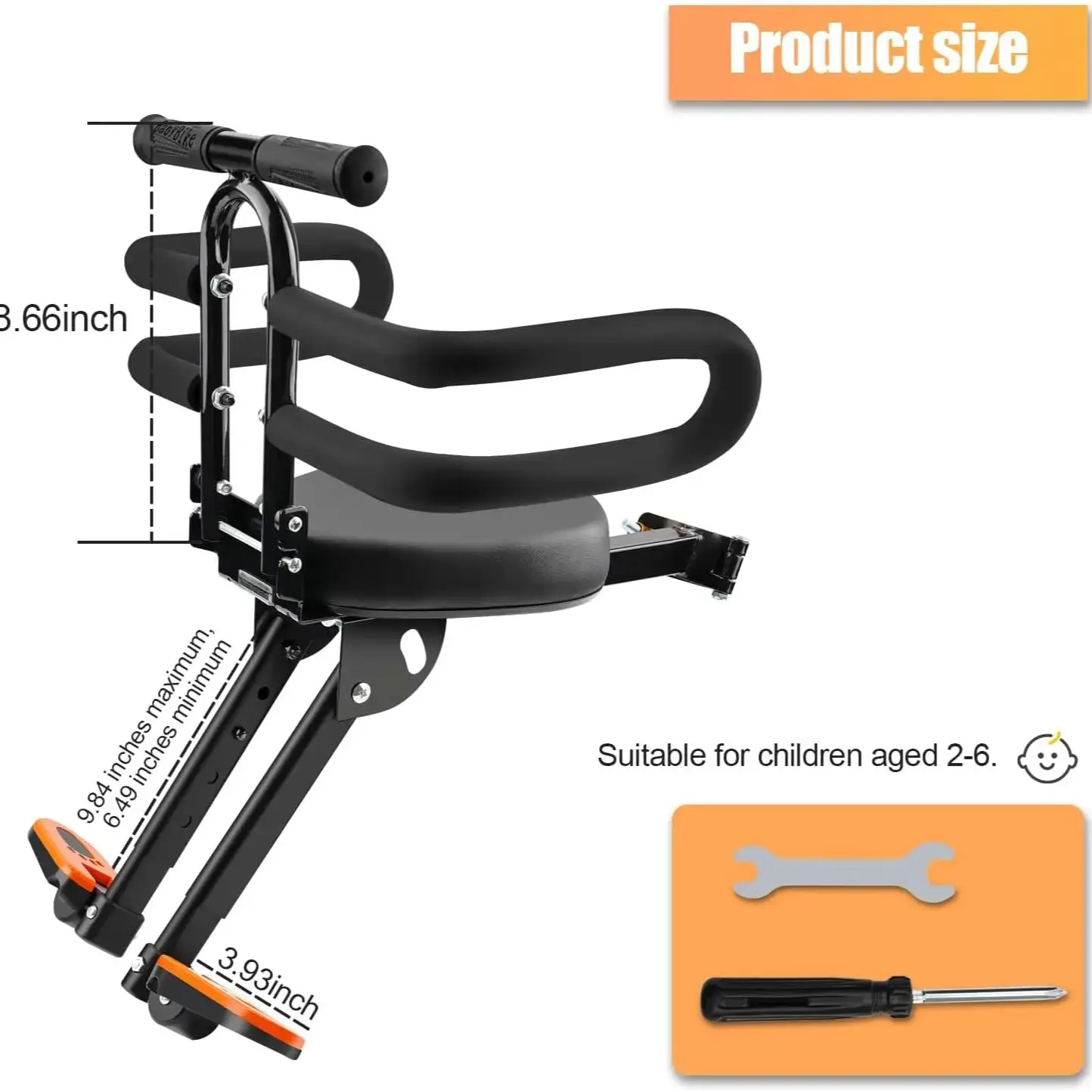 Asiento infantil de bicicleta delantero desmontable con soporte para manillar - imagen 2