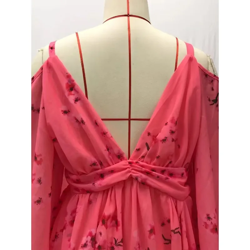 Vestido de embarazo veraniego rosa estampado para fotos premamá - imagen 4