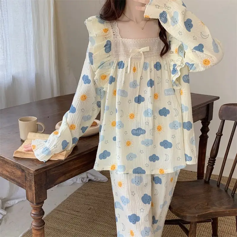 Conjunto de pijamas de maternidad para lactancia con encaje estampado