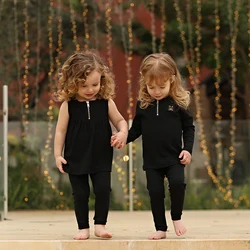 Conjunto ropa a juego familiar negro acanalado de verano bebé y niños