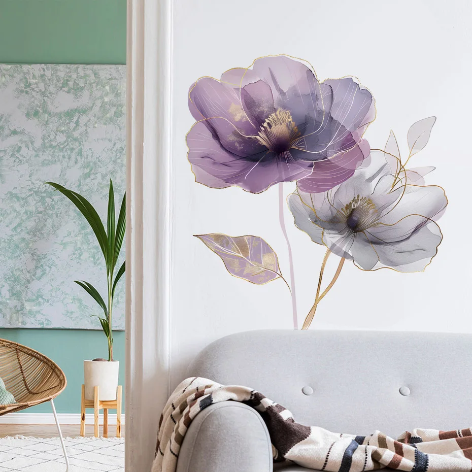 Pegatinas de pared florales extraíbles púrpuras para dormitorio - imagen 3