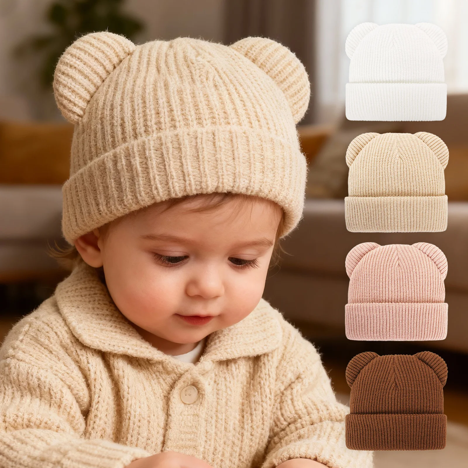 Gorro de invierno tejido con orejas de oso y protección para oídos - imagen 5