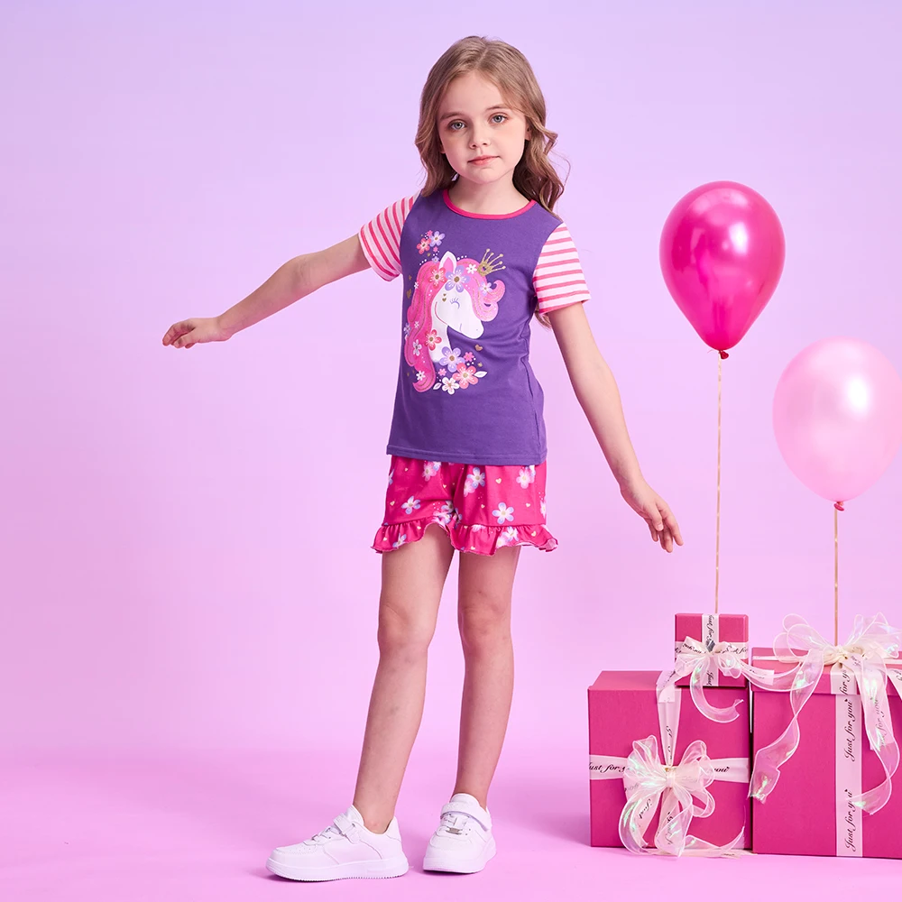 DXTON Camiseta niña de manga corta rayas y estampado unicornio - imagen 4