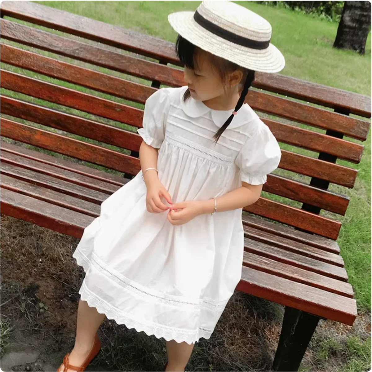 Vestido de niña verano pastoral con bordado floral y cuello Peter - imagen 5