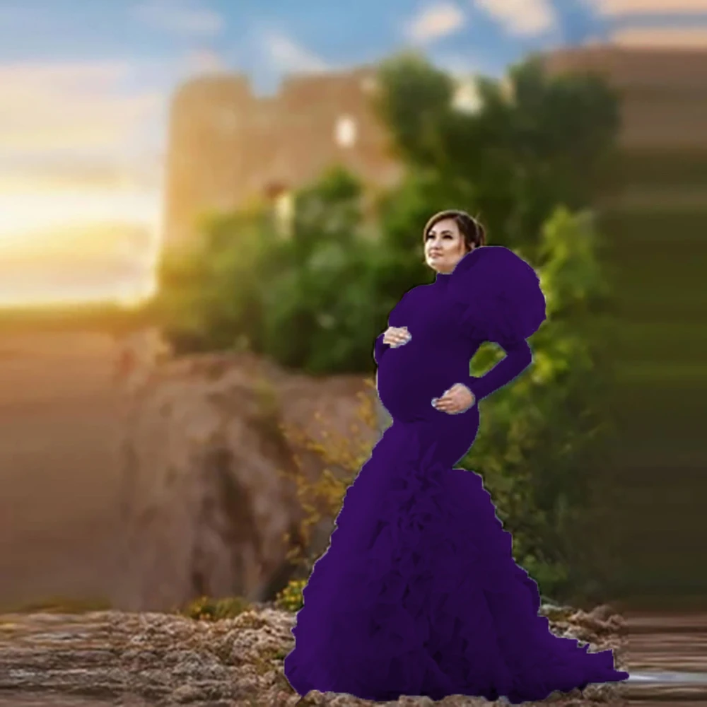 Vestido de embarazo sirena manga larga con flores y volantes - imagen 4