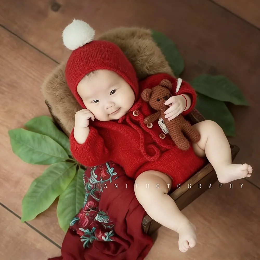 Conjunto de fotografía recién nacido rojo Navidad con gorro - imagen 5