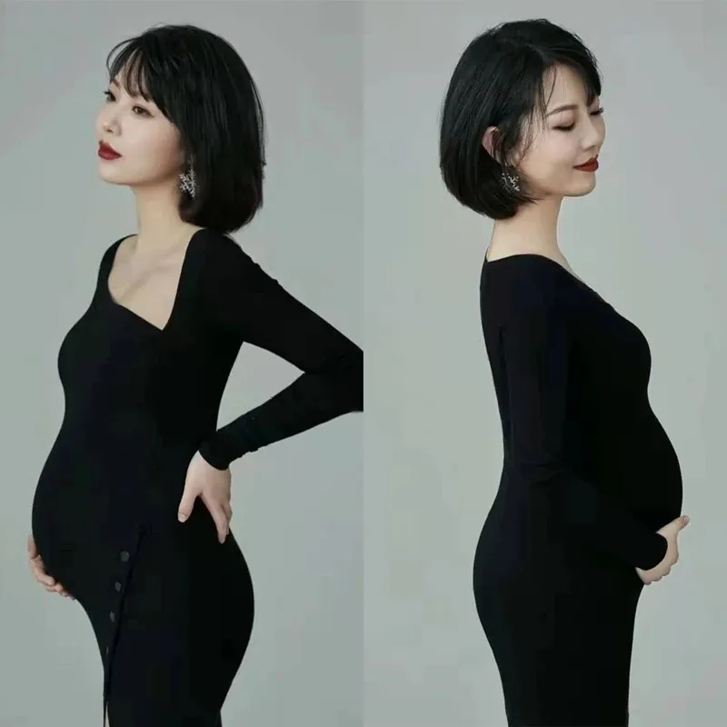 Vestido de embarazo de punto negro elegante para sesión fotográfica