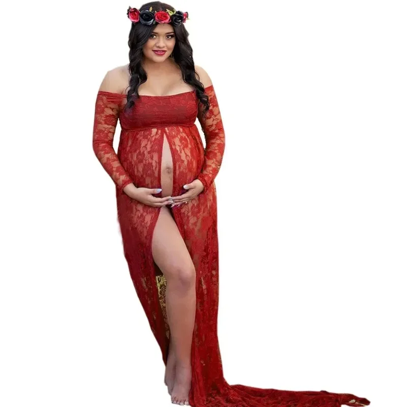 Vestido de embarazo largo con encaje y manga larga para fotos - imagen 5