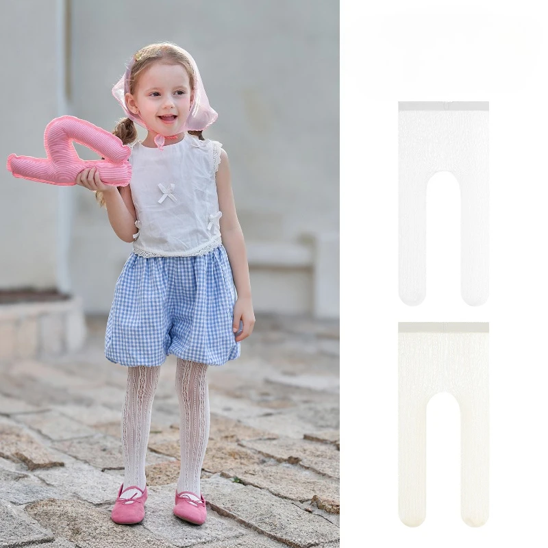 Pantimedias de malla fina jacquard para niña, beige y blanco suaves - imagen 3