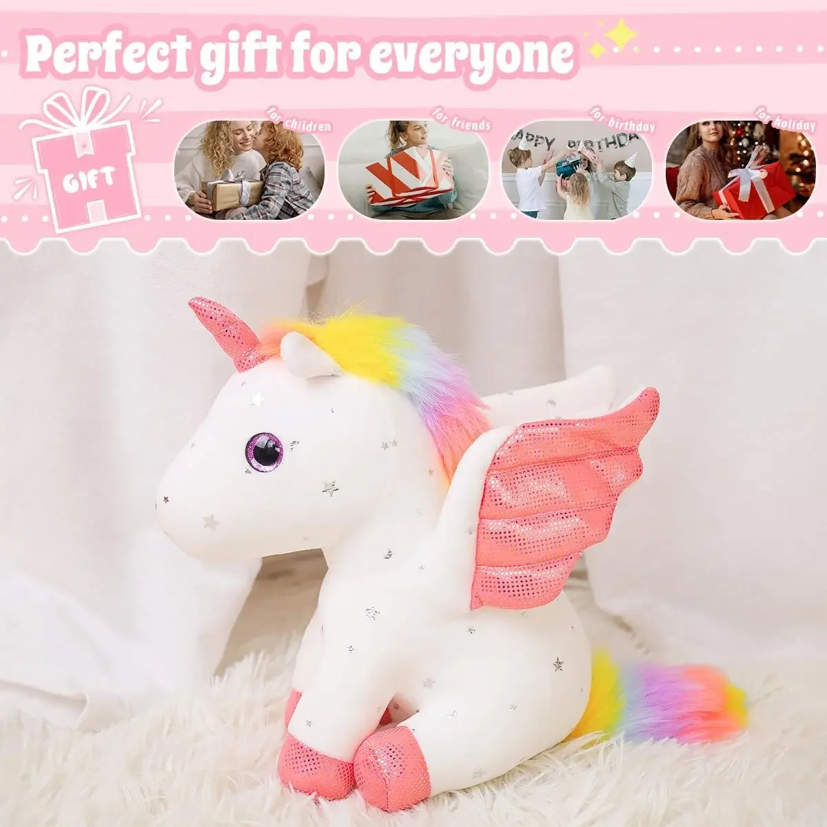 Unicornio de peluche con alas y cuerno bordados en lentejuelas