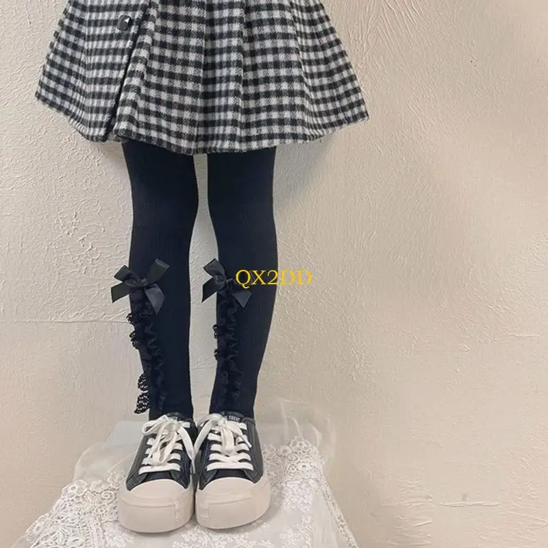 QX2D Leggings de encaje para niña con lazo y forro suave - imagen 2