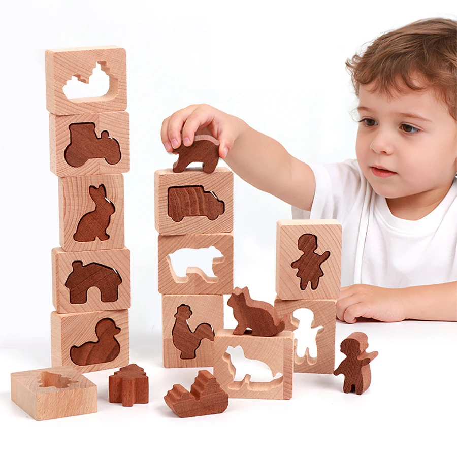 Puzzle Montessori de bloques de madera con animales para emparejar - imagen 3